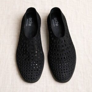 Arche Size 39/US8 Black Nubuck Leather Laser Cut Out Zip Back Flats France